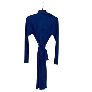 Lilyful Royal Blue Plisse Pleated Shirt Dress Long Sleeve Tie Waist Midi Small